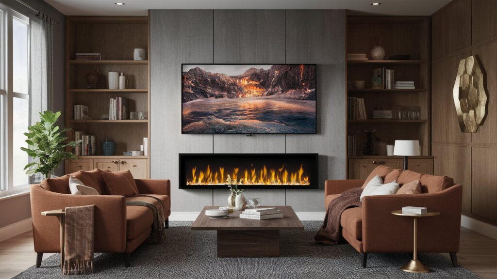 Wall-mounted electric fireplace with a slim profile