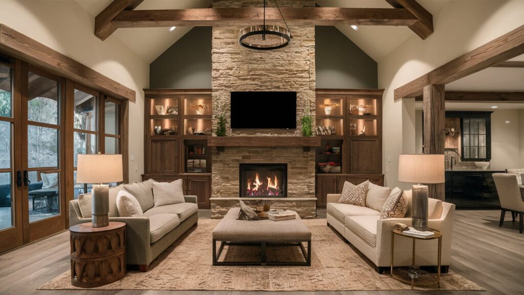 Warm and inviting statement fireplace wall with a rustic stone surround