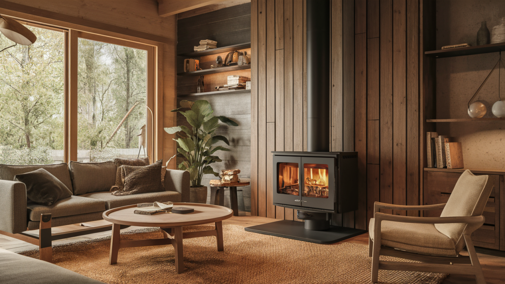 Wood Stove with High Efficiency A modern, high-efficiency wood stove