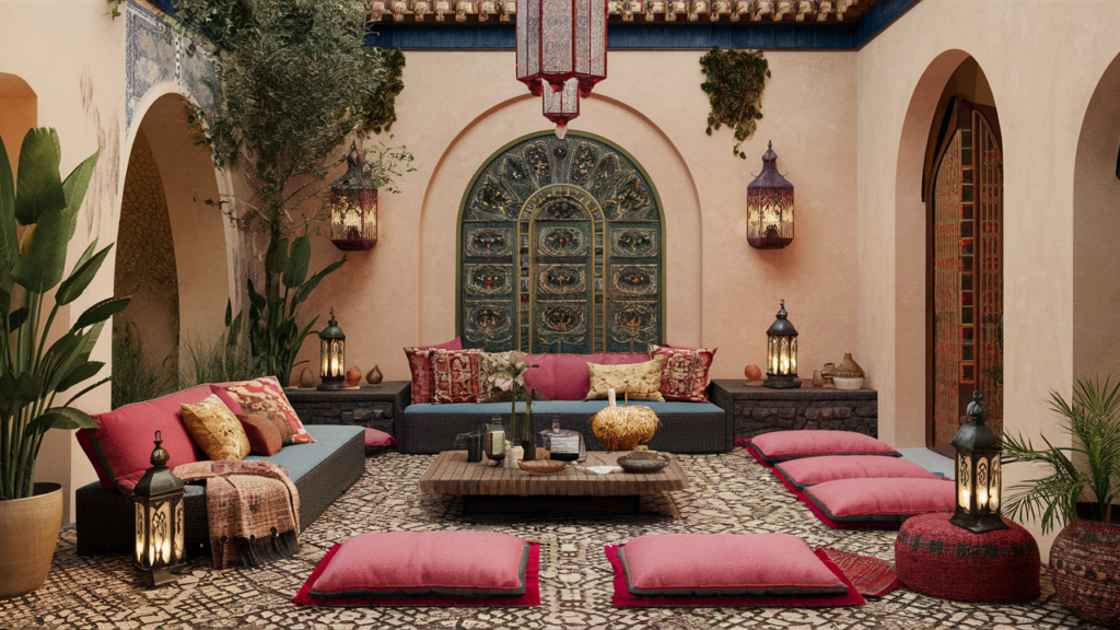 A Moroccan-inspired Mediterranean Patio With Floor Cushions And Low Tables