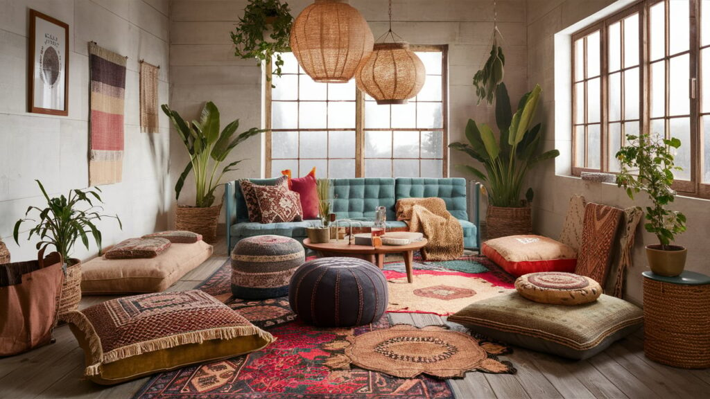 A Casual, Boho-inspired Lounge Using Floor Cushions, Poufs