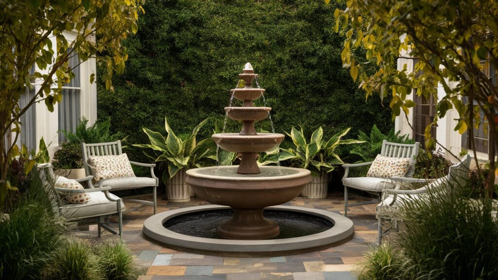 A Charming Outdoor Fountain As The Focal Point Of Your Patio