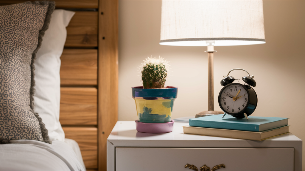 a colorful painted pot on a bedside stand with books