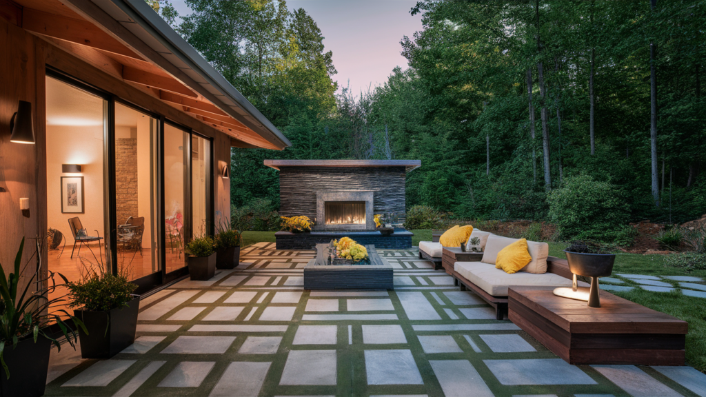 A Contemporary Patio With Decorative Concrete Floors Featuring Geometric Patterns