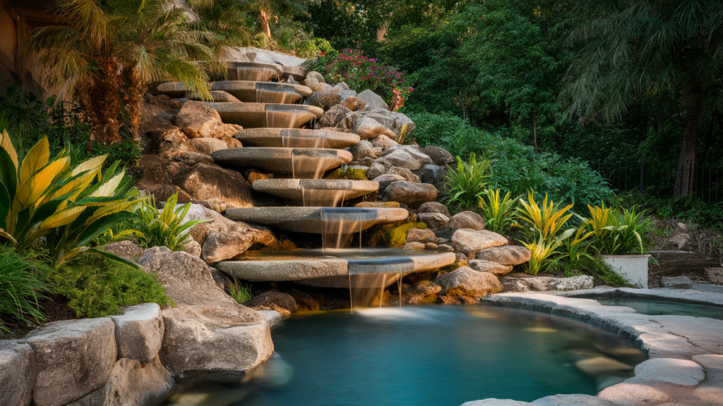 A Dramatic Cascading Fountain With Multiple Tiers Of Stone