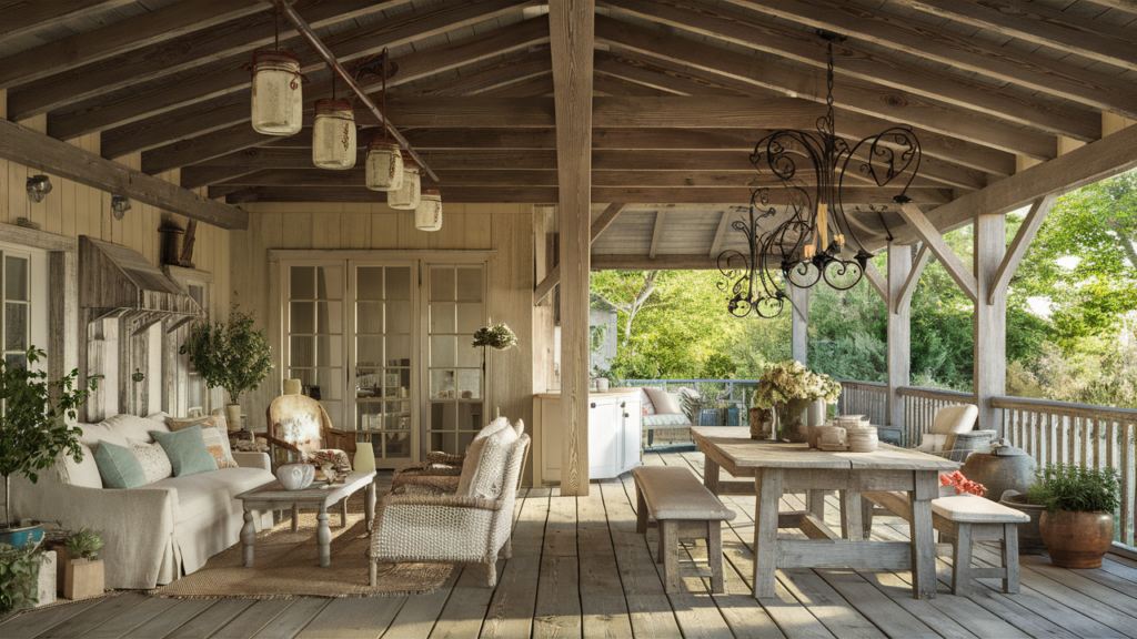 A Farmhouse-inspired Covered Patio With A Wooden Beam