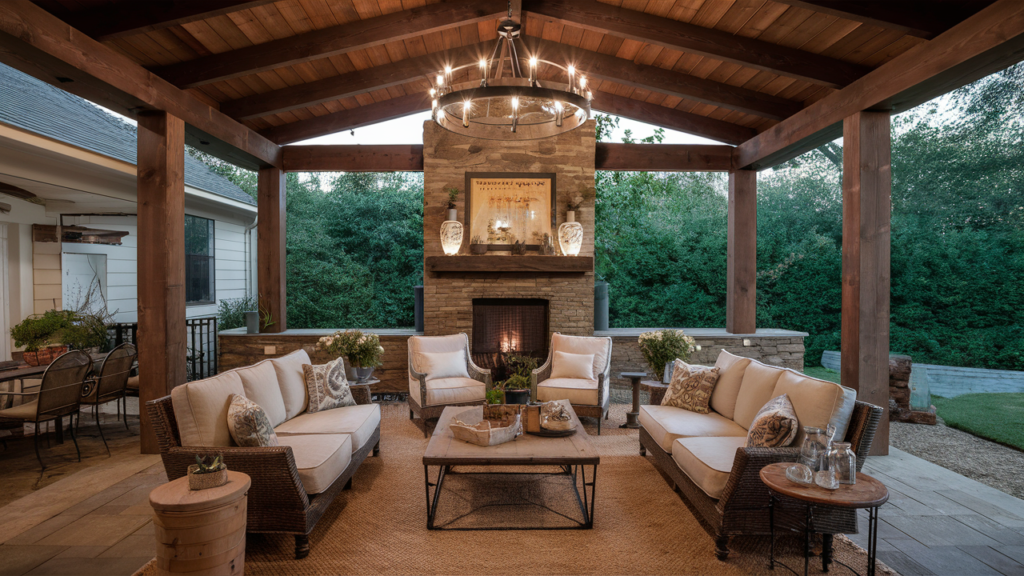 A Farmhouse-inspired Covered Patio With A Wooden Beam Ceiling