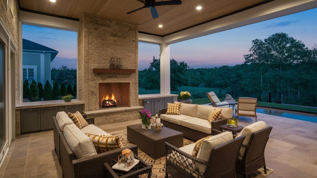 Luxury Covered Patio With Built-in Fireplace