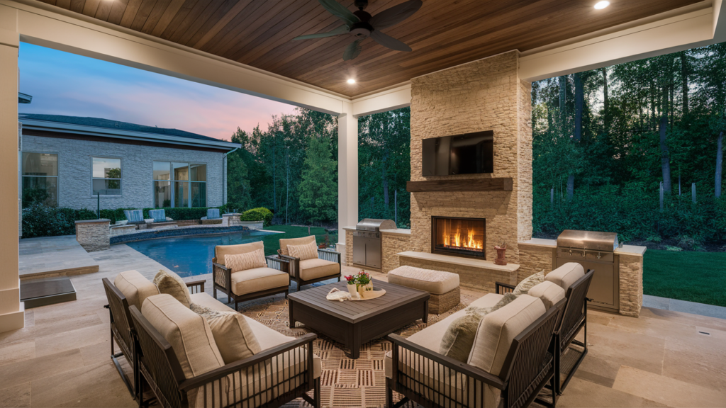 A Luxury Covered Patio With A Built-in Fireplace