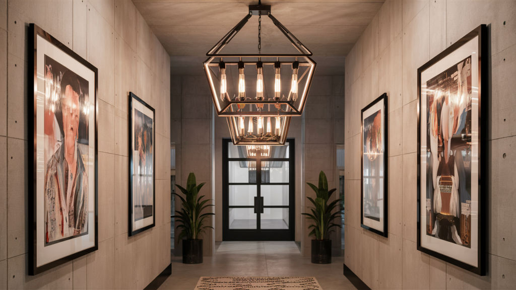 a modern hallway with concrete walls