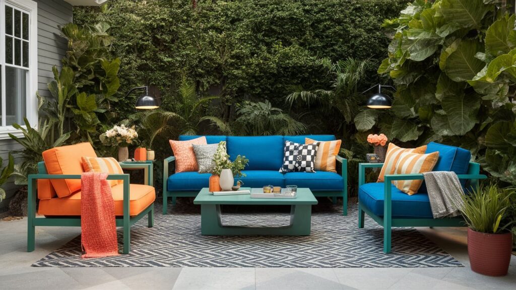 A Patio With Bright, Bold-colored Furniture In Hues Like Tangerine