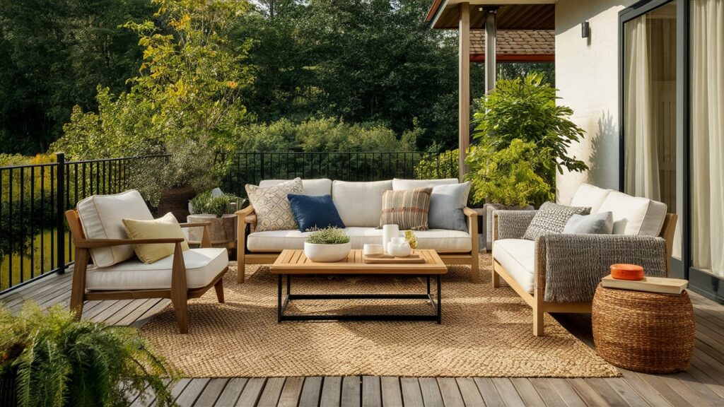 A Patio With Furniture Combining Different Materials Like Wood