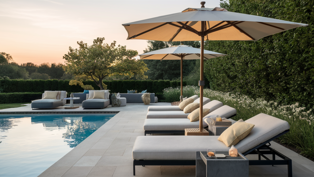 a poolside area with sleek, oversized lounge chairs