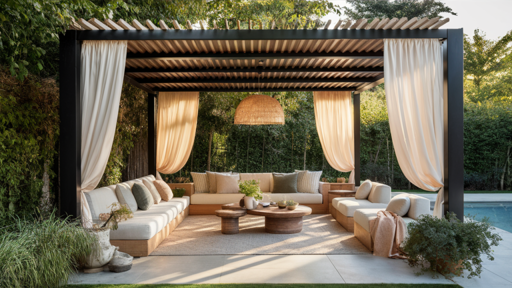 a shaded outdoor lounge under a pergola, with draped fabric