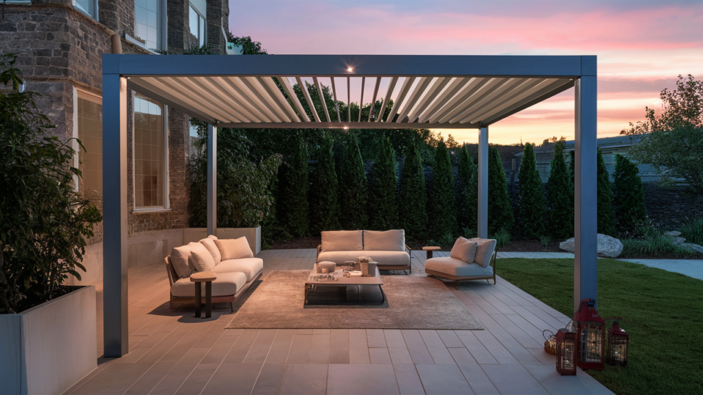 a sleek metal pergola with clean lines and a minimalist design