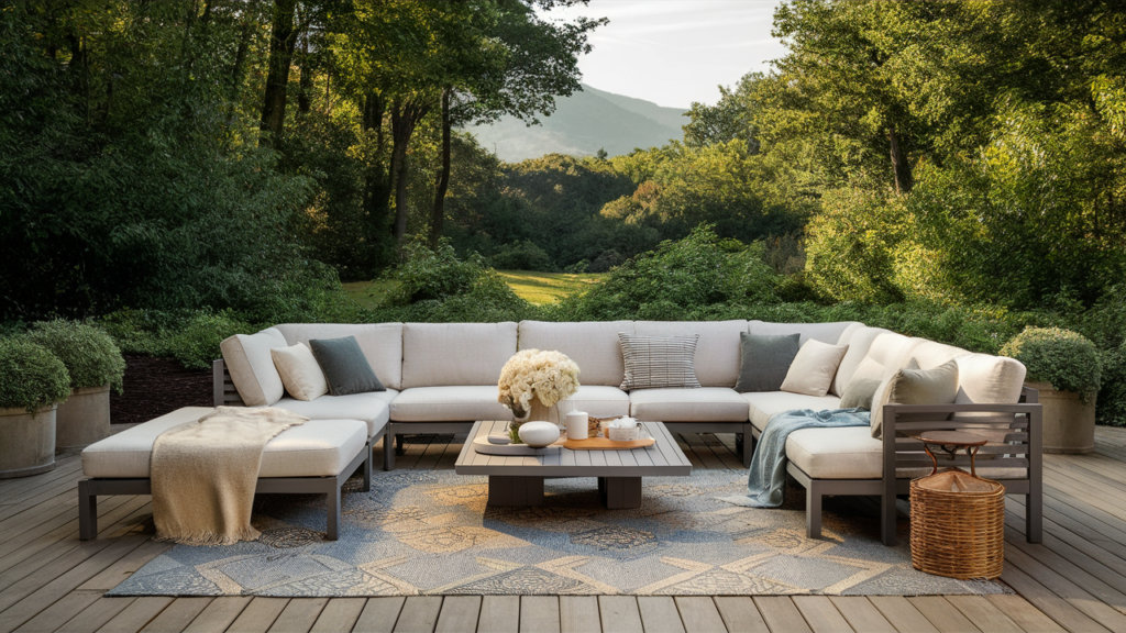 A Spacious Outdoor Lounge Featuring A Large Sectional Sofa