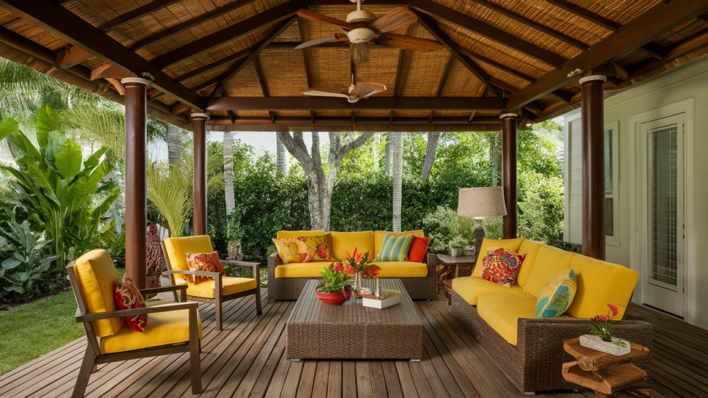 A Tropical-inspired Covered Patio With A Bamboo Roo