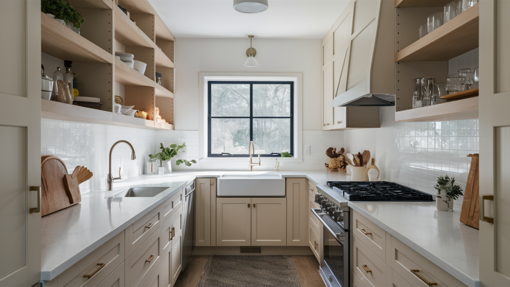 airy galley kitchen with light-colored cabinetry