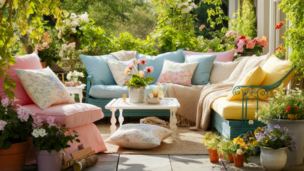 airy patio with pastel-colored cushions, floral throws