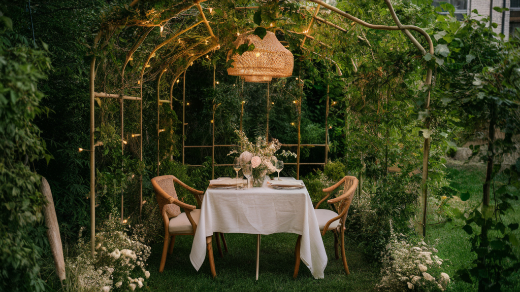 An Intimate Garden Dining Space With A Small Table