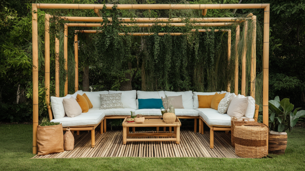 an outdoor lounge using sustainable materials like bamboo