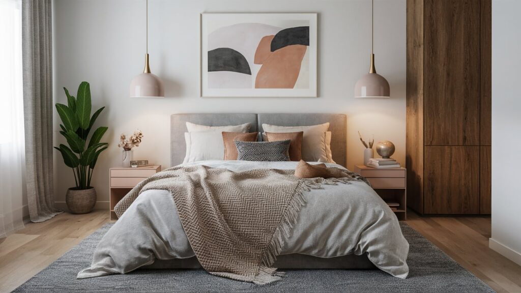 bedroom with layered white cotton sheets, a light grey duvet