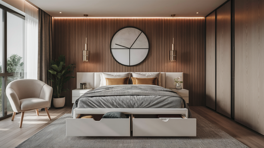 bedroom with sleek under-bed drawers in white wood