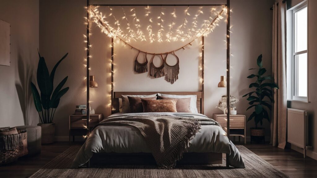 Bedroom With String Lights Draped Over A Canopy Bed