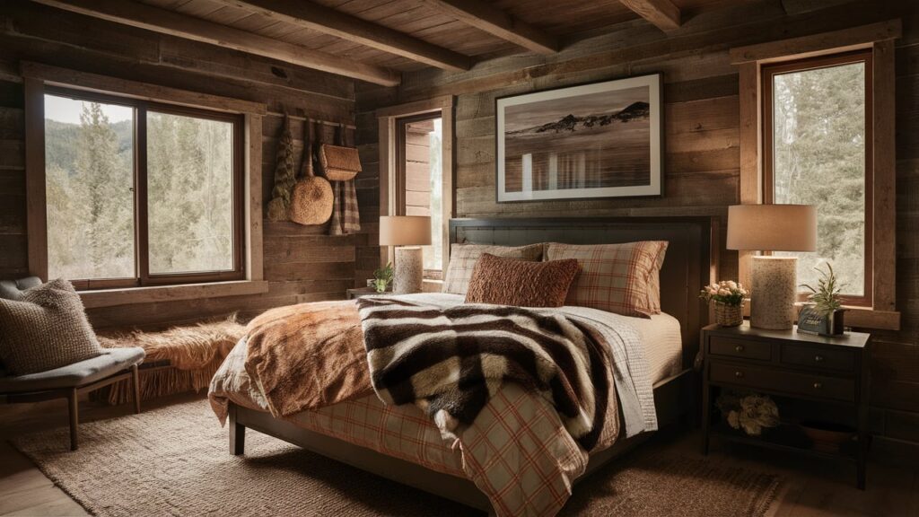 cabin bedroom with flannel sheets in plaid patterns