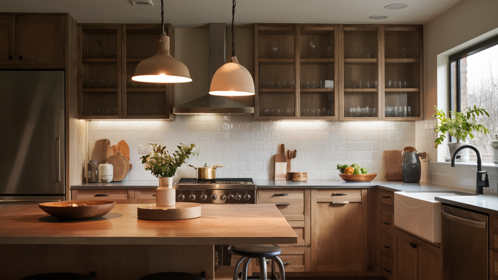 cabinet puck lights in a cozy farmhouse kitchen