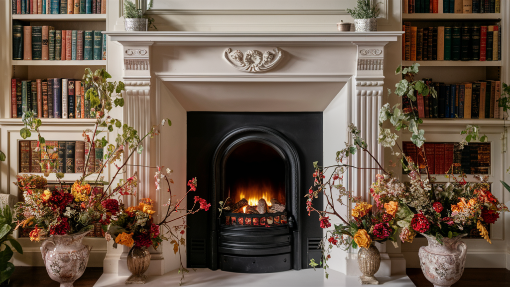 classic living room scene featuring an elegant white fireplace