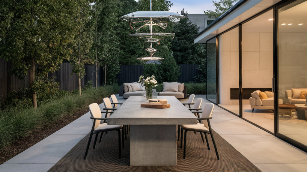 Contemporary Patio With A Sleek Concrete Dining Table