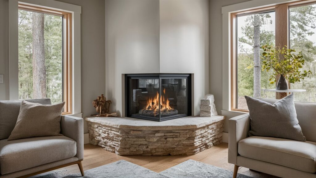 corner fireplace with a glass enclosure