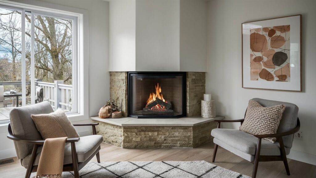 corner fireplace with a glass enclosure design