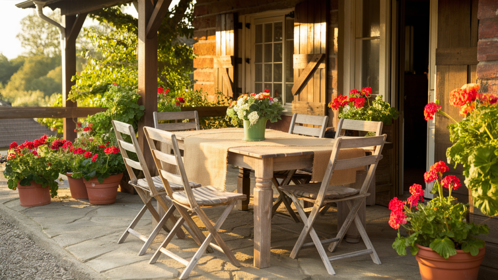 Country Farmhouse Patio With A Rustic Wooden Dining Se