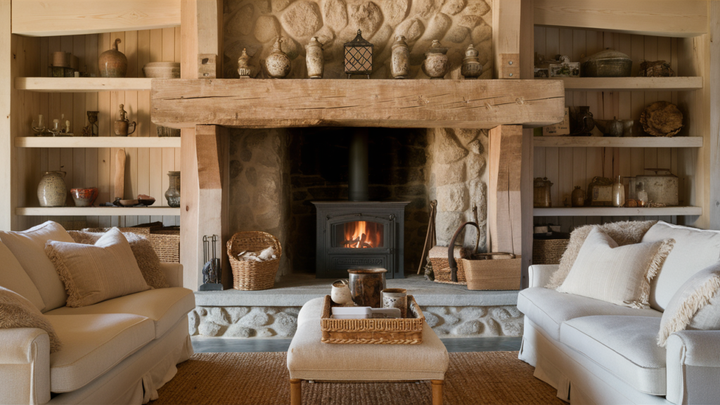 cozy and inviting farmhouse-style living room centered around a stone hearth