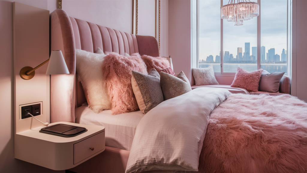 cozy guest room adorned in soft blush and ivory hues