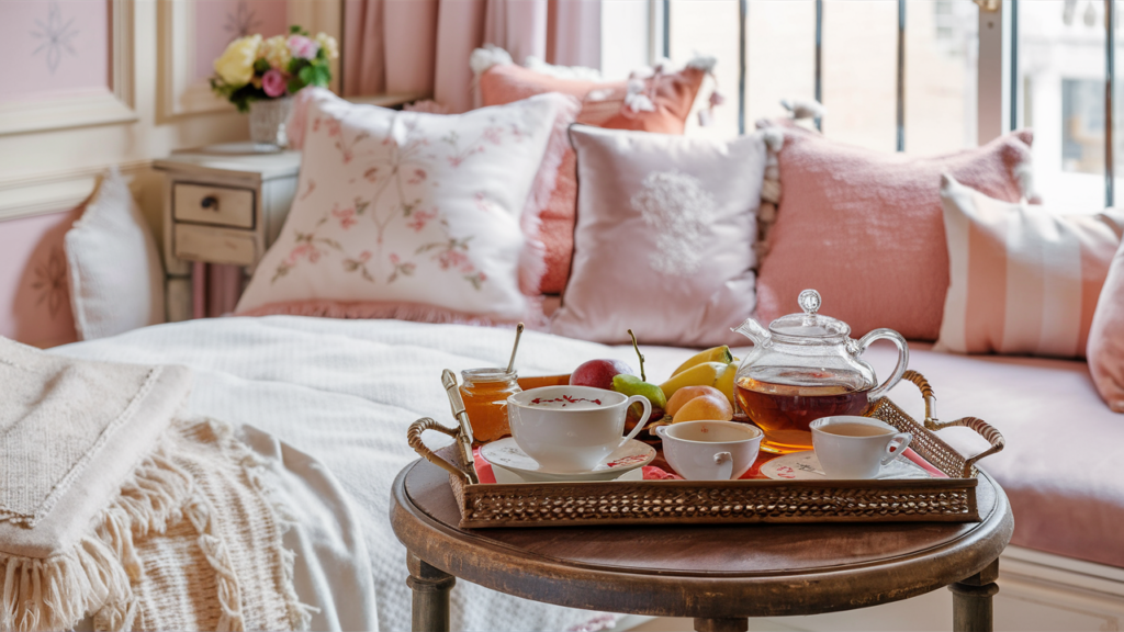 elegant guest room, adorned in soft blush and cream tones