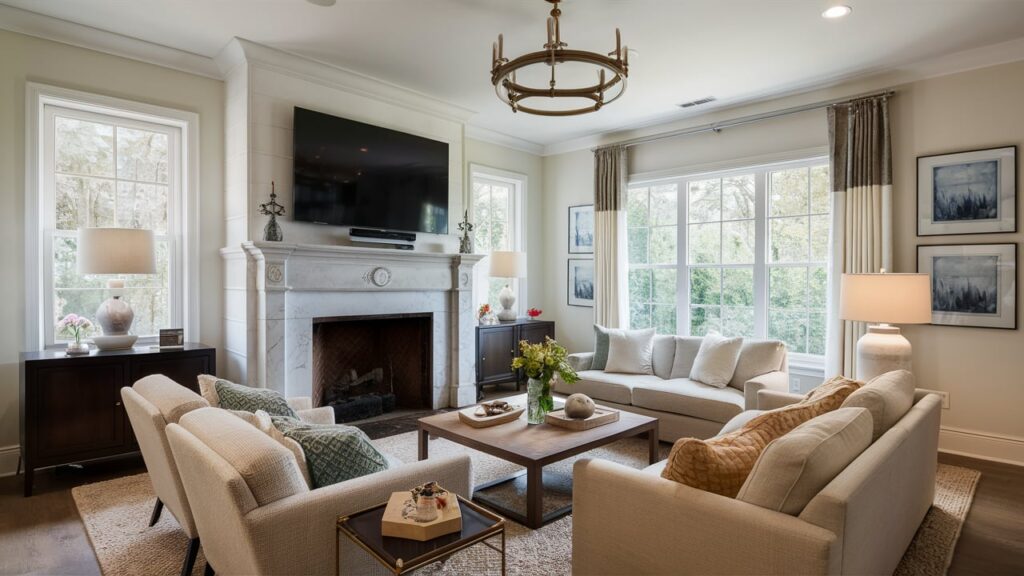 family room with a traditional white marble fireplace