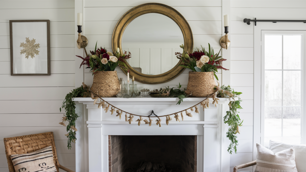 Farmhouse Mantel With A Pale Wood Finish