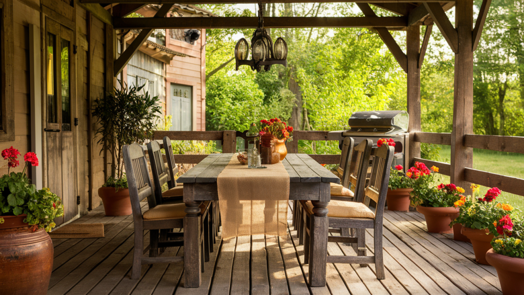 Farmhouse Patio With A Rustic Wooden Dining Set