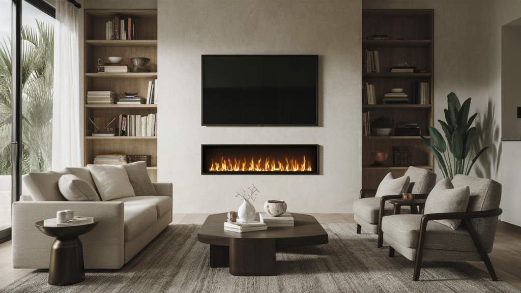 fireplace mounted on the wall with a sleek, minimalistic design