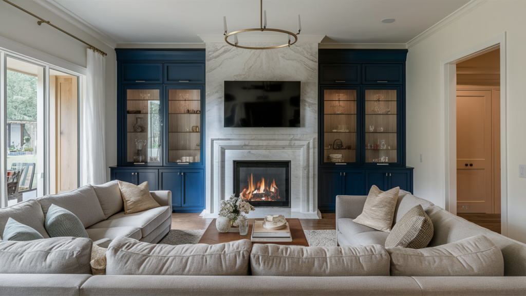 fireplace with a marble surround, custom cabinetry