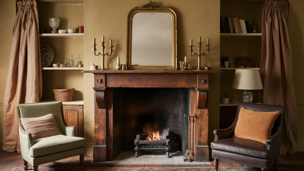 fireplace with a rustic wooden mantel