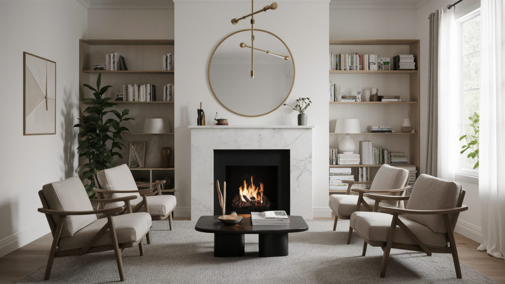 Fireplace With A White Marble Mantel