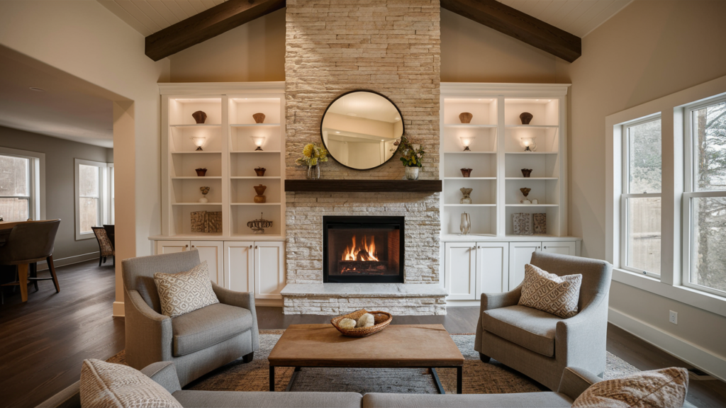 fireplace with a whitewashed stone surround