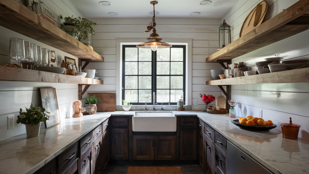 galley kitchen featuring reclaimed wood shelves