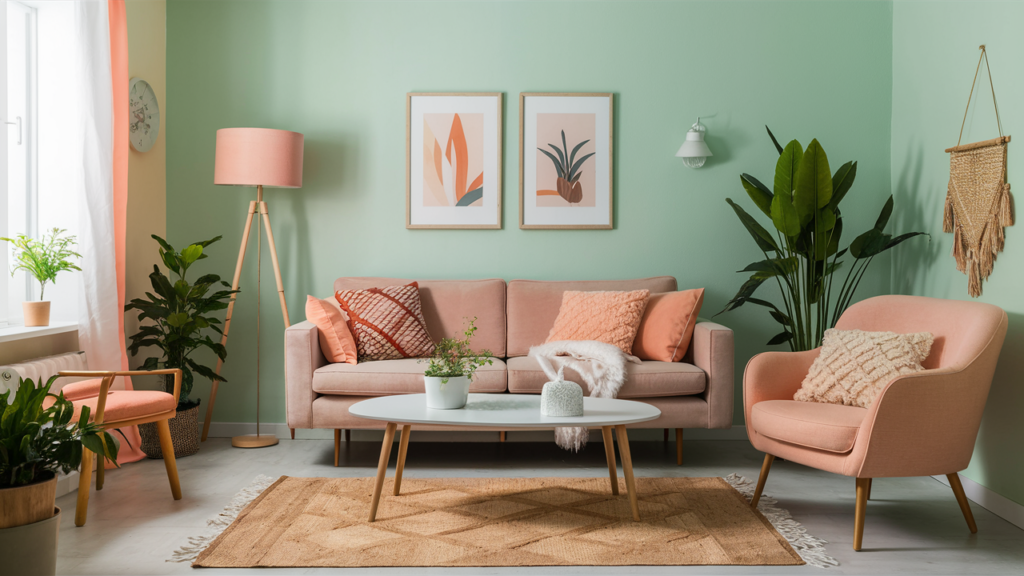 green walls paired with peach-colored furniture and accessories like rugs