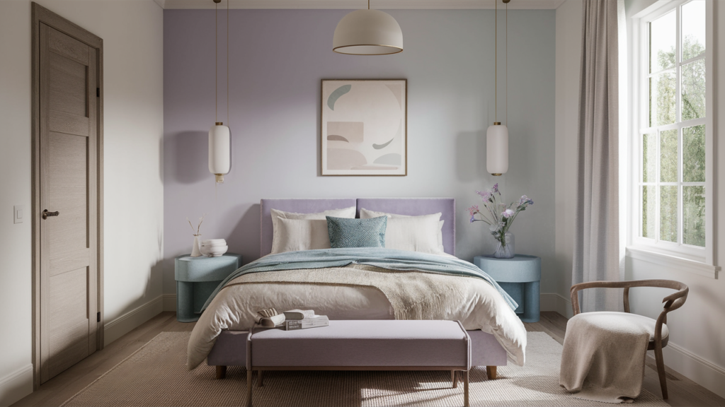 guest room decorated in soft pastel shades of lavender room