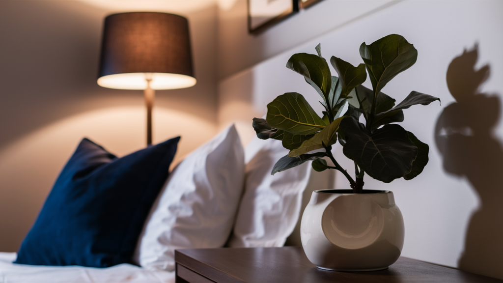 guest room features a stylish lamp casting a warm